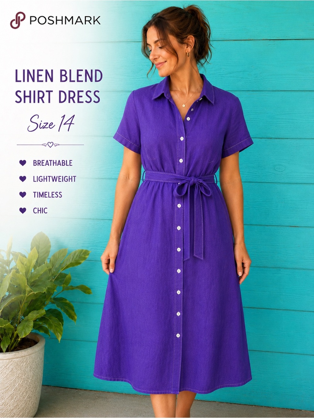 Linen Blend Button Down MIDI Shirt Dress Purple TIE BELT Size 14